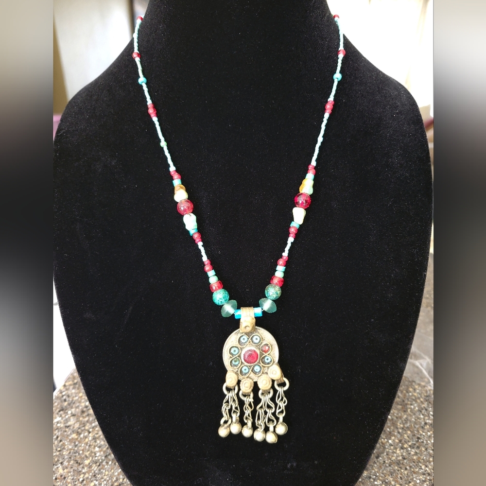 Vintage Kuchi Tribal Coin Necklace Iranian 10 Rial Boho Ethnic Glass Bead